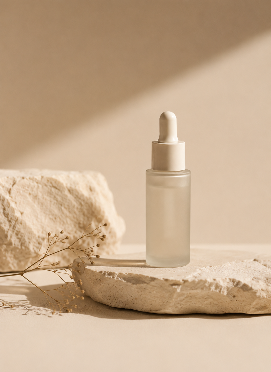 Minimalist skincare jar on warm neutral surface